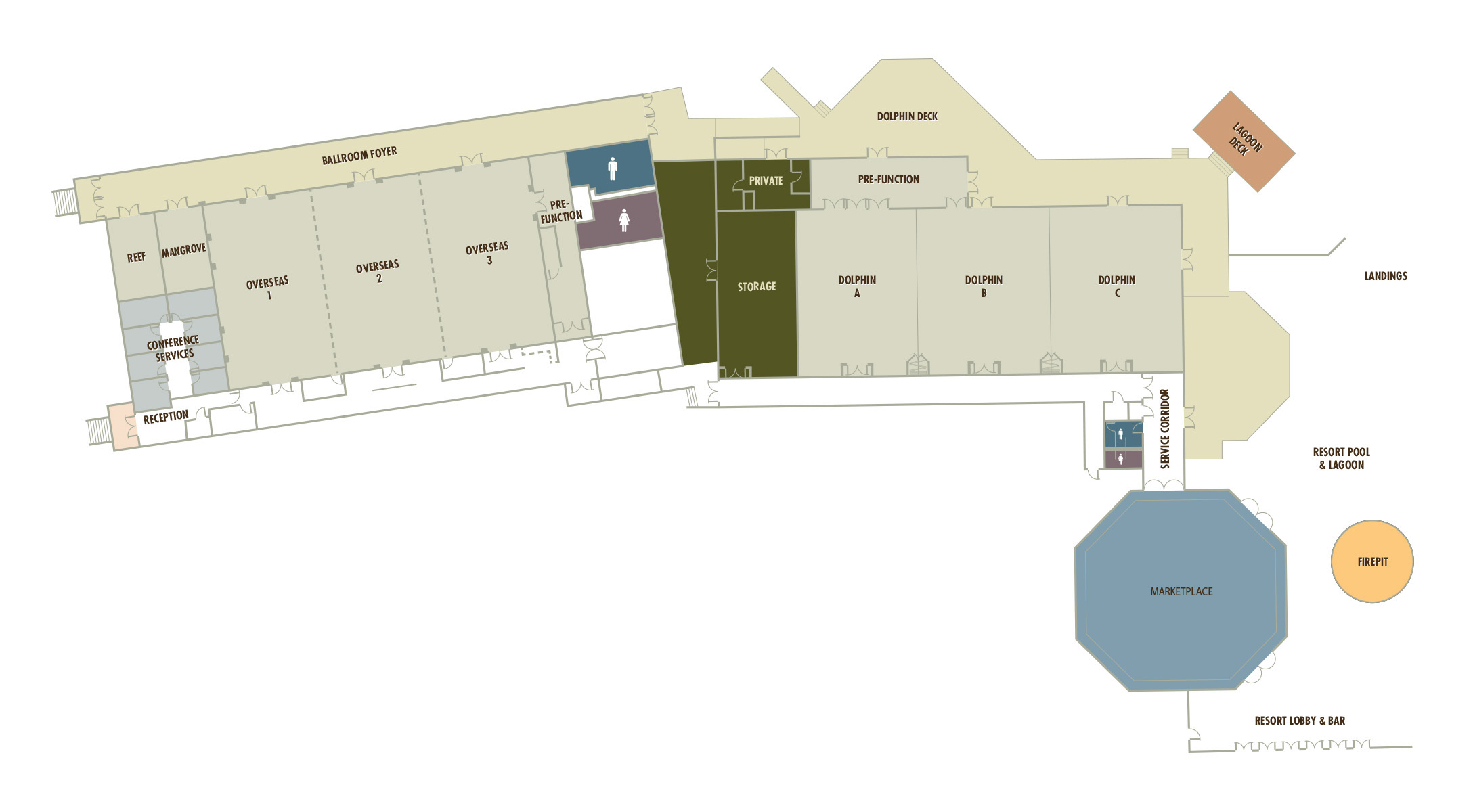 Map of the indoor waterfront meeting spaces for Events & Conferences in Hawks Cay Florida Keys Resort