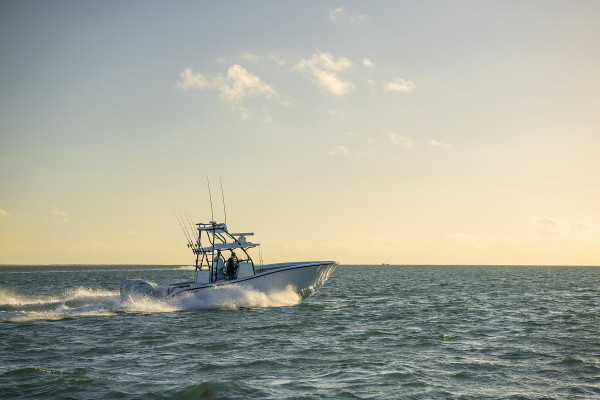 A fishing charter navigates the open waters in the Florida Keys.