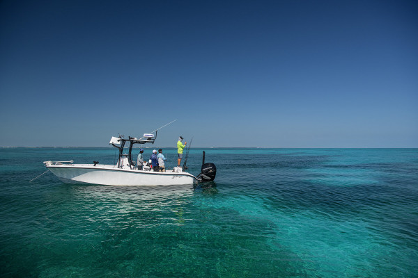 The Saltwater Experience fishing charter is surrounded by aquamarine waters in the Florida Keys.