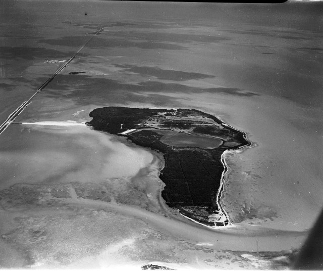 Vintage black and white image of Duck Key from above
