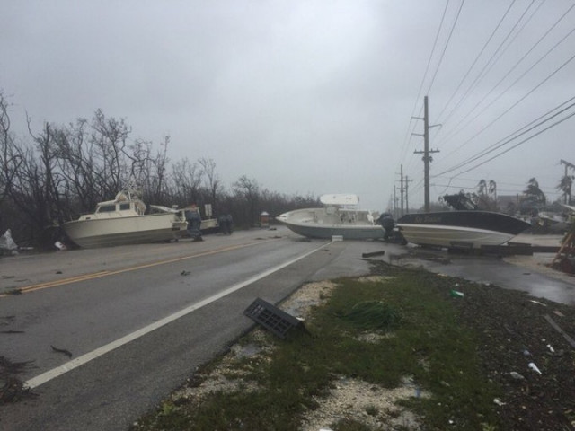 Boats on the road after Hurricane Irma hit in 2017