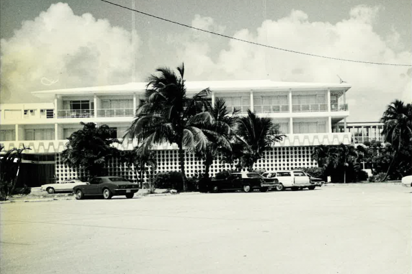 Historic black and white photos of Hawks Cay Resort exterior in the Florida Keys