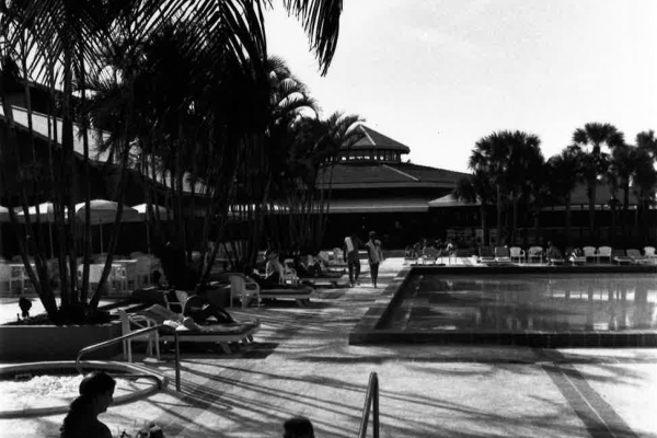 Historic black and white photo of the hot tub and pool at Hawks Cay Resort