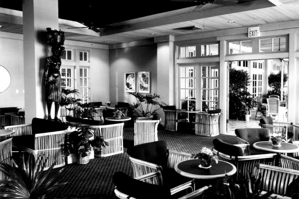 Historic black and white photos of Hawks Cay Resort lounge
