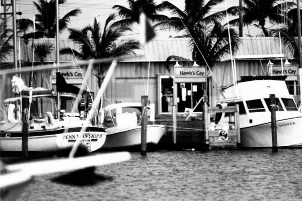 Historic black and white photo of full-service marina in the Florida Keys