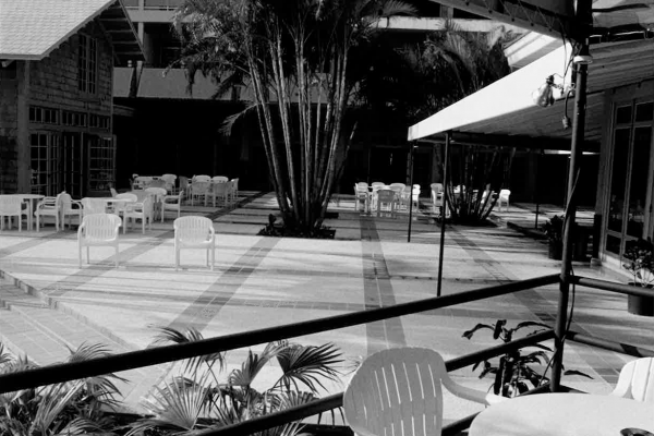 Black and white photo of Hawks Cay Resort pool deck