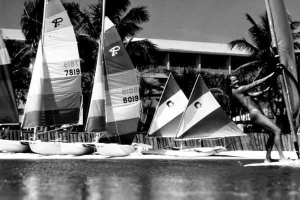 Historic black and white photo sailboats at the marina
